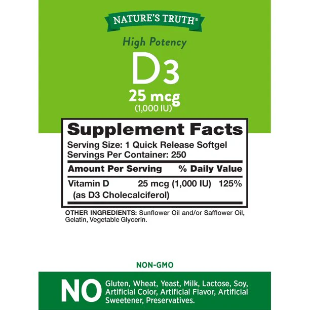 Nature's Truth Vitamin D3 1000 IU 250 Softgels - Image 2