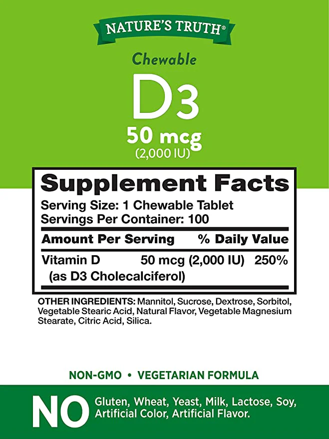 Nature's Truth D3 50 mcg (2,000 IU) 100 Chewable Tablets - Image 2