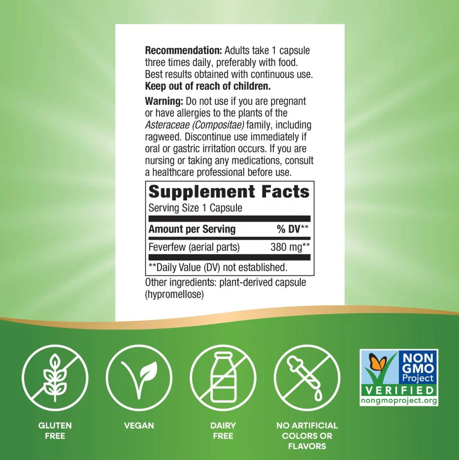 Nature's Way Feverfew 380 mg per Serving 100 Vegan Capsules - Image 2
