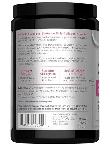 NeoCell Neo Cell Super Multi Collagen Peptides Powder 9 Oz 10 Types of Collagen Skin, Hair and Nails Beauty Supplement Unflavored Powder for Women - Image 4