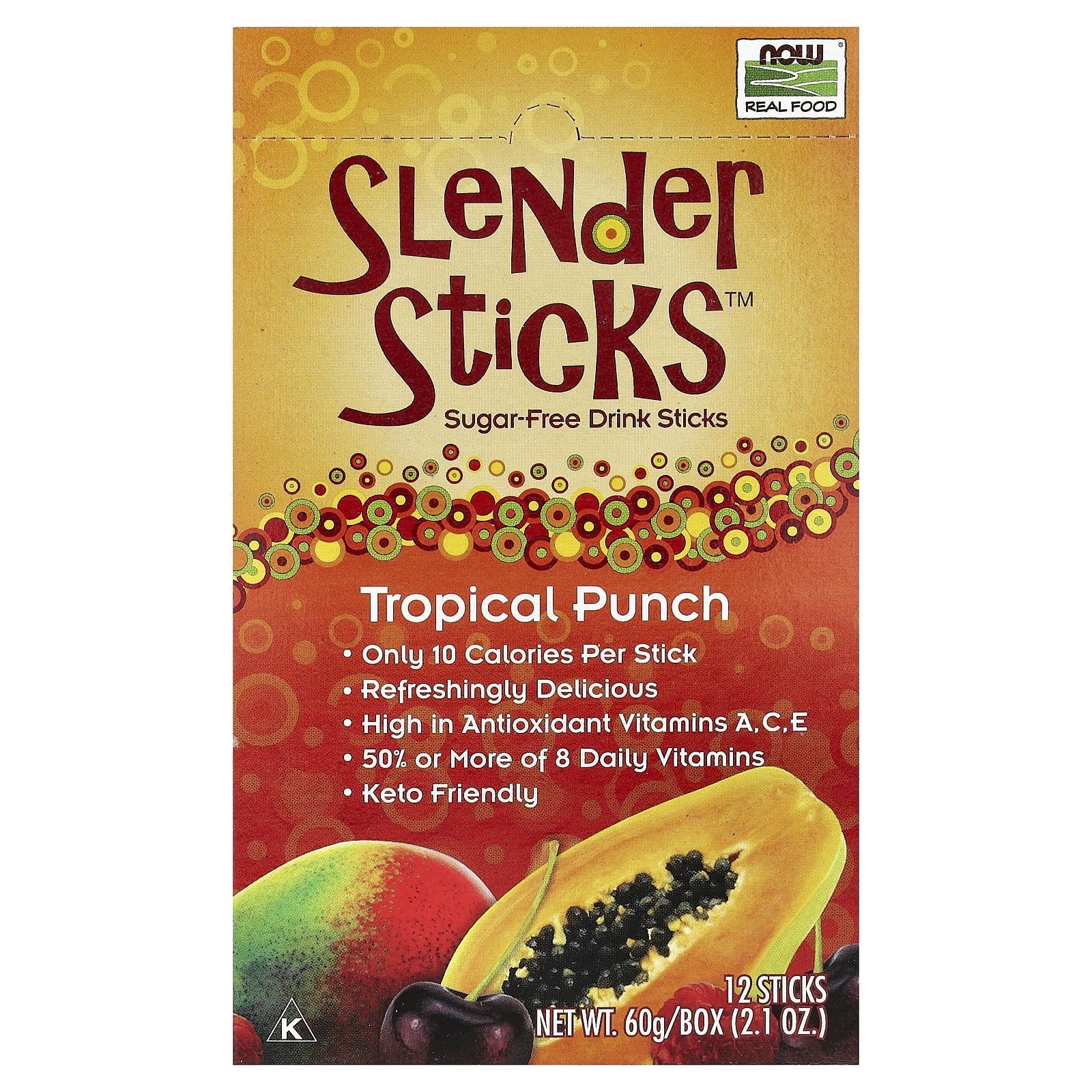 NOW Foods Slender Sticks Tropical Punch Sugar-Free Drink Sticks with Electrolytes, 12 Ct