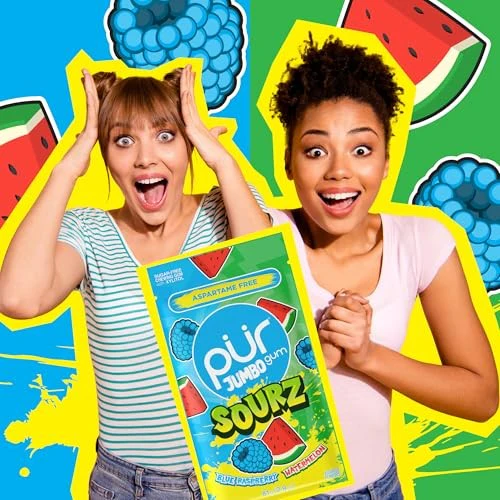 PUR Jumbo SOURZ Gum | Aspartame Free Chewing Gum | 100% Xylitol | Natural Flavor | Sour Blue Raspberry, Sour Watermelon, 20 Pieces (Pack of 1) - Image 3