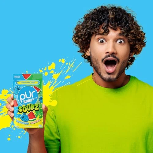 PUR Jumbo SOURZ Gum | Aspartame Free Chewing Gum | 100% Xylitol | Natural Flavor | Sour Blue Raspberry, Sour Watermelon, 20 Pieces (Pack of 1) - Image 5