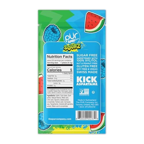 PUR Jumbo SOURZ Gum | Aspartame Free Chewing Gum | 100% Xylitol | Natural Flavor | Sour Blue Raspberry, Sour Watermelon, 20 Pieces (Pack of 1) - Image 6
