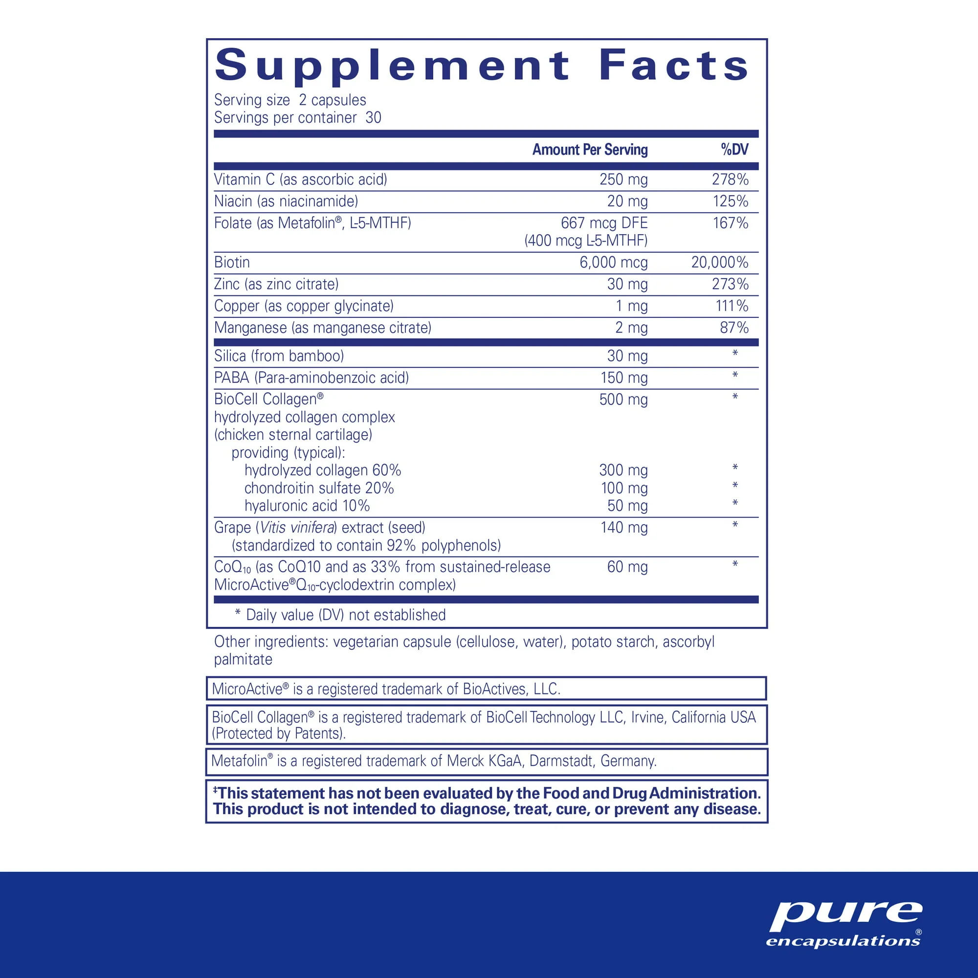Pure Encapsulations Hair Skin Nails Ultra Capsules 60ct - Image 2
