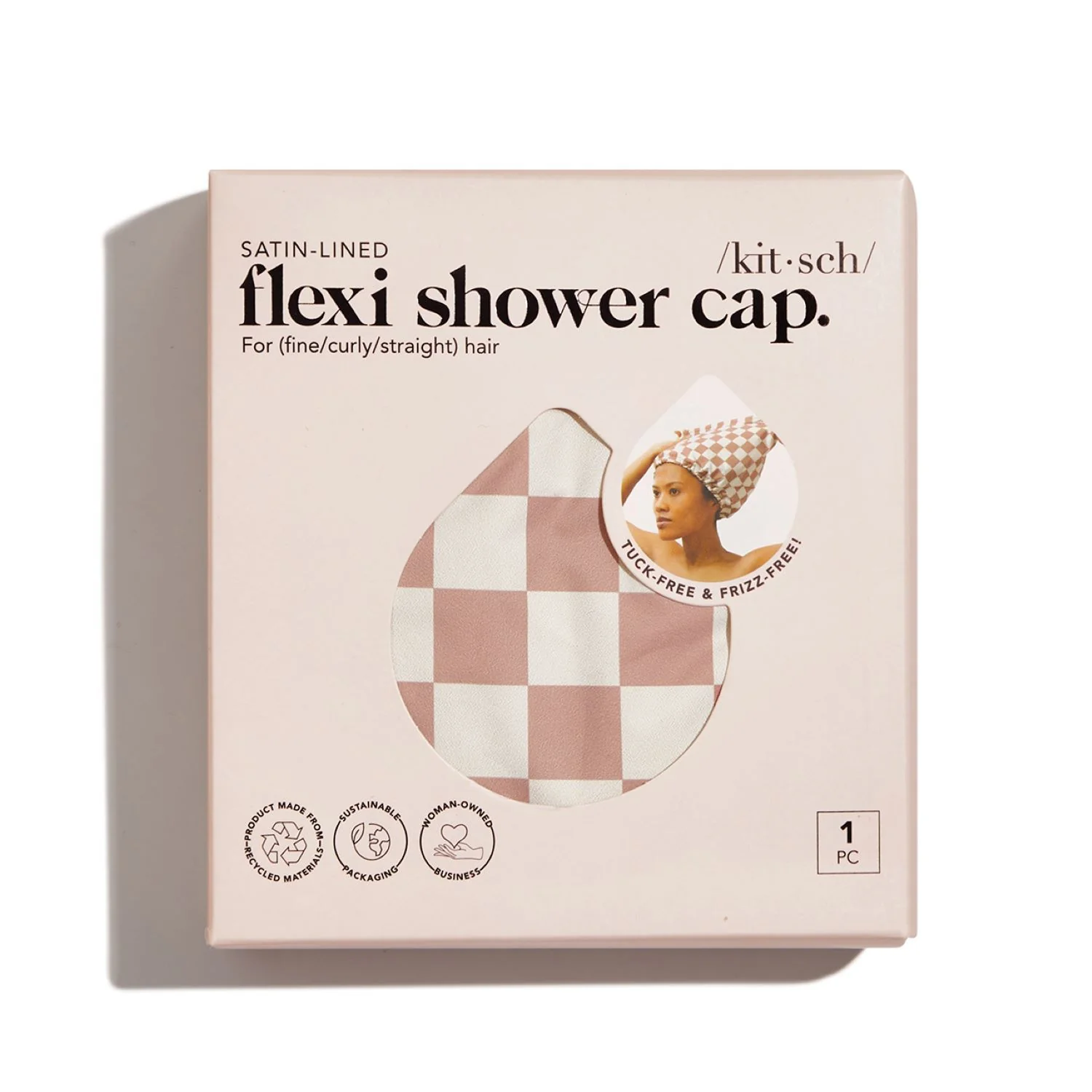 Satin Lined Flexi Shower Cap - Terracotta Checker - Image 3