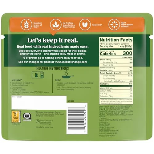 SEEDS of CHANGE Organic Quinoa & Brown Rice with Garlic Family Size, Organic Food, 17.3 Oz Pouch - Image 2