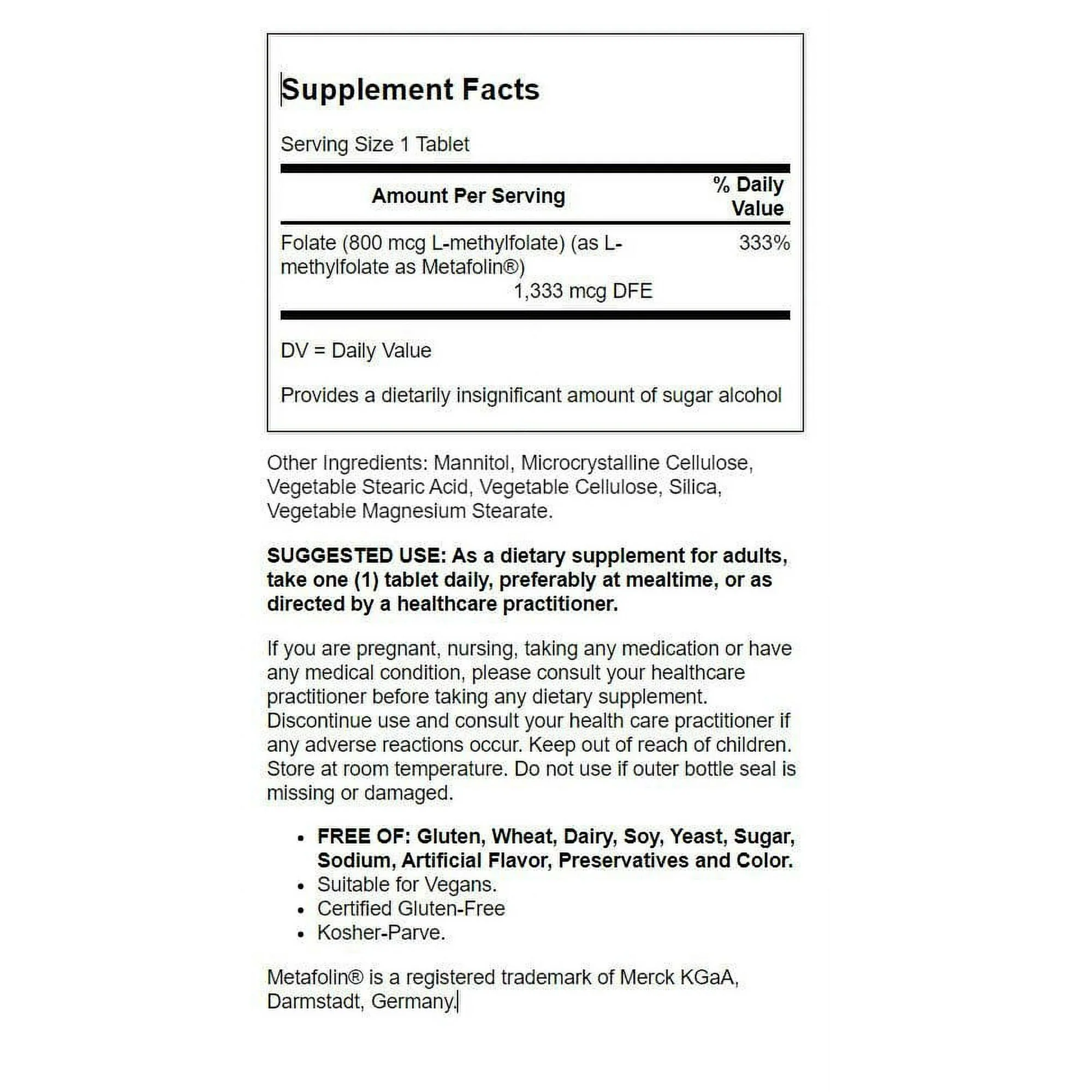 Solgar Folate Tablets 800mcg 100ct - Image 2
