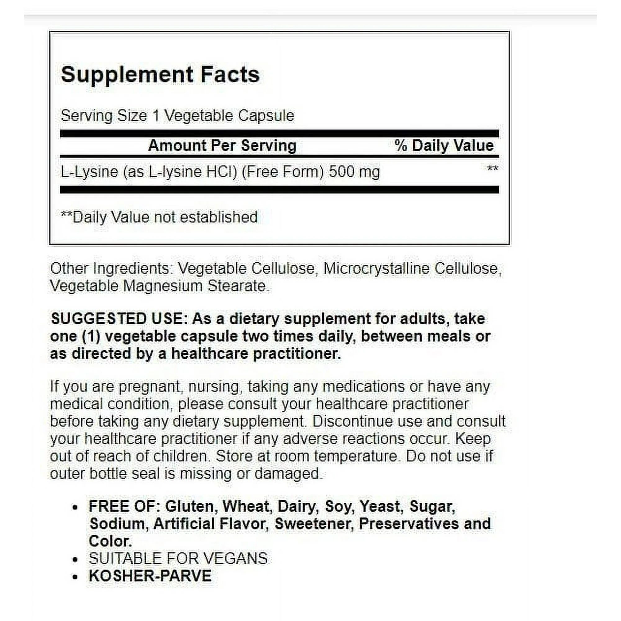 Solgar L-Lysine 500mg Vegetable Capsules 100ct - Image 2