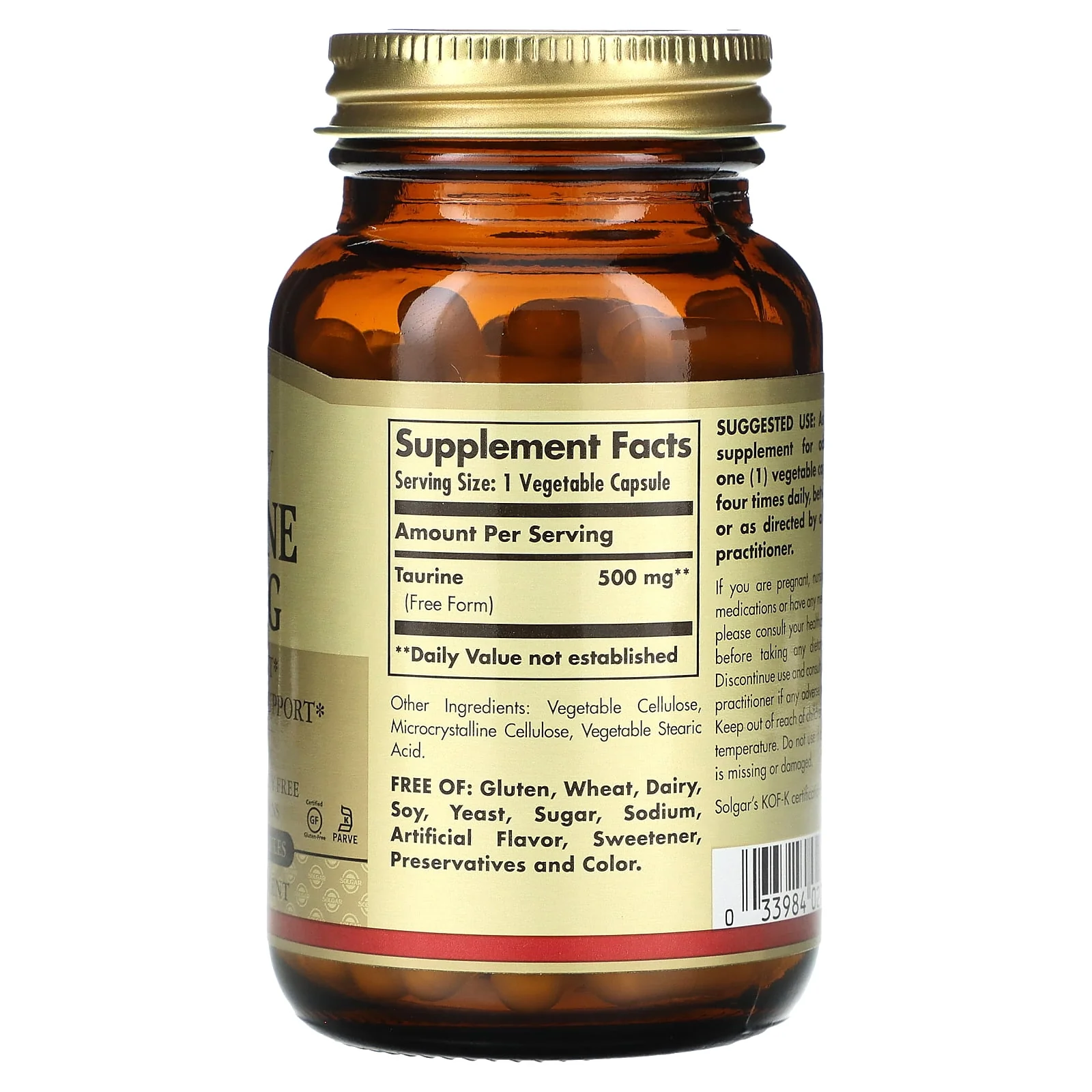 Solgar Taurine 500mg Vegetable Capsules 100ct - Image 2