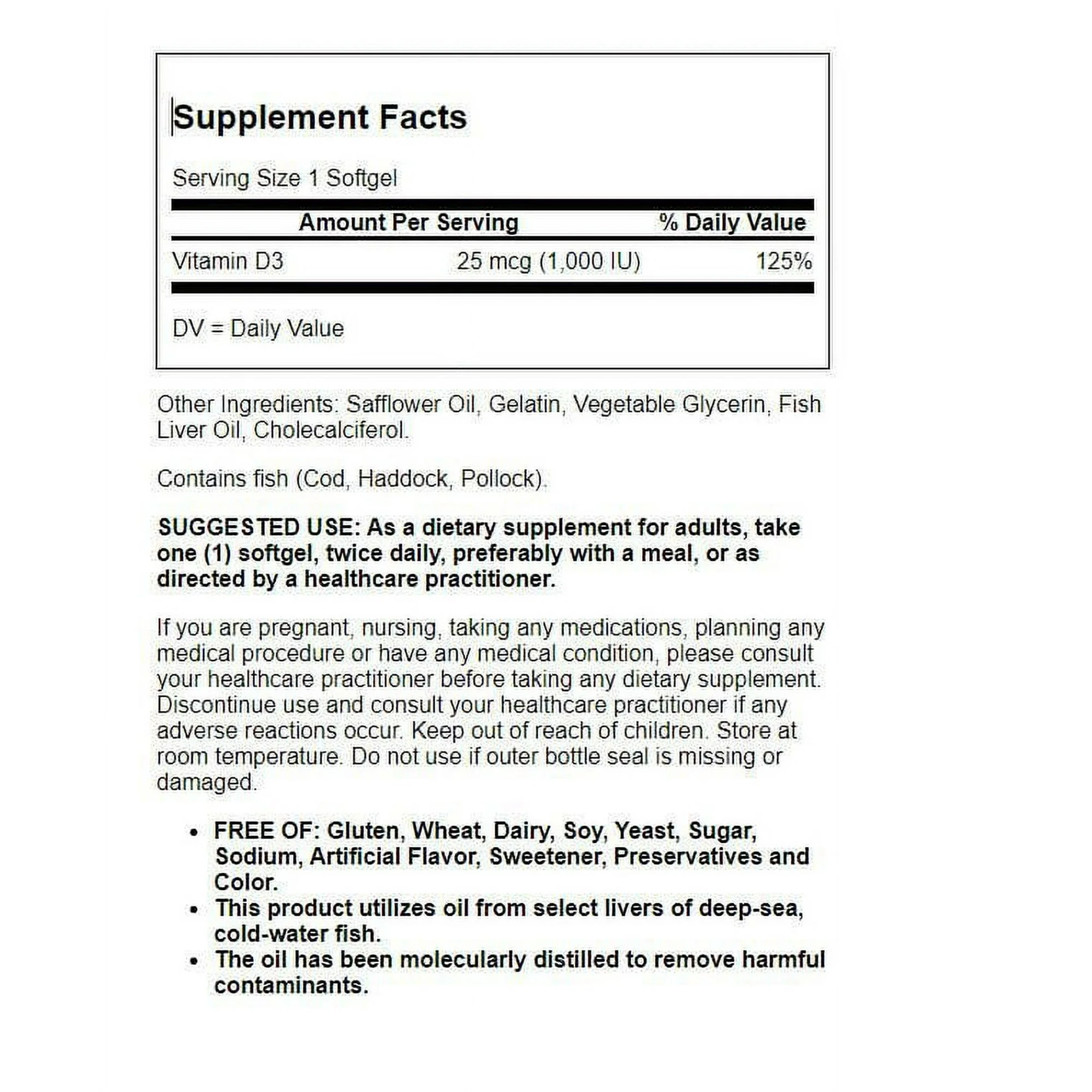 Solgar Vitamin D3 (CHOLECALCIFEROL) 25MCG (1000IU)  Softgels 100ct - Image 2