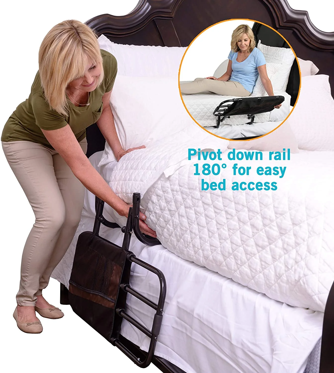 Stander EZ Adjust Bed Rail, Adjustable Home Hospital Bed Rail and Bed Assist Grab Bar for Elderly Adults, Includes Organizer Pouch - Image 5