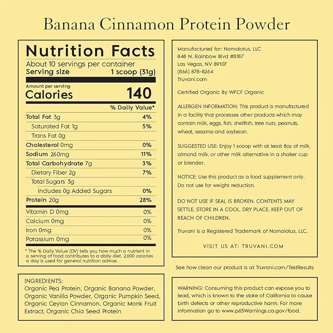 Truvani Plant Based Protein Banana Cinnamon 11.1Oz - Image 2