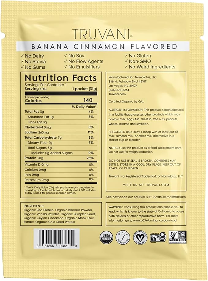 Truvani Plant Based Protein Banana Cinnamon 1.07oz - Image 2