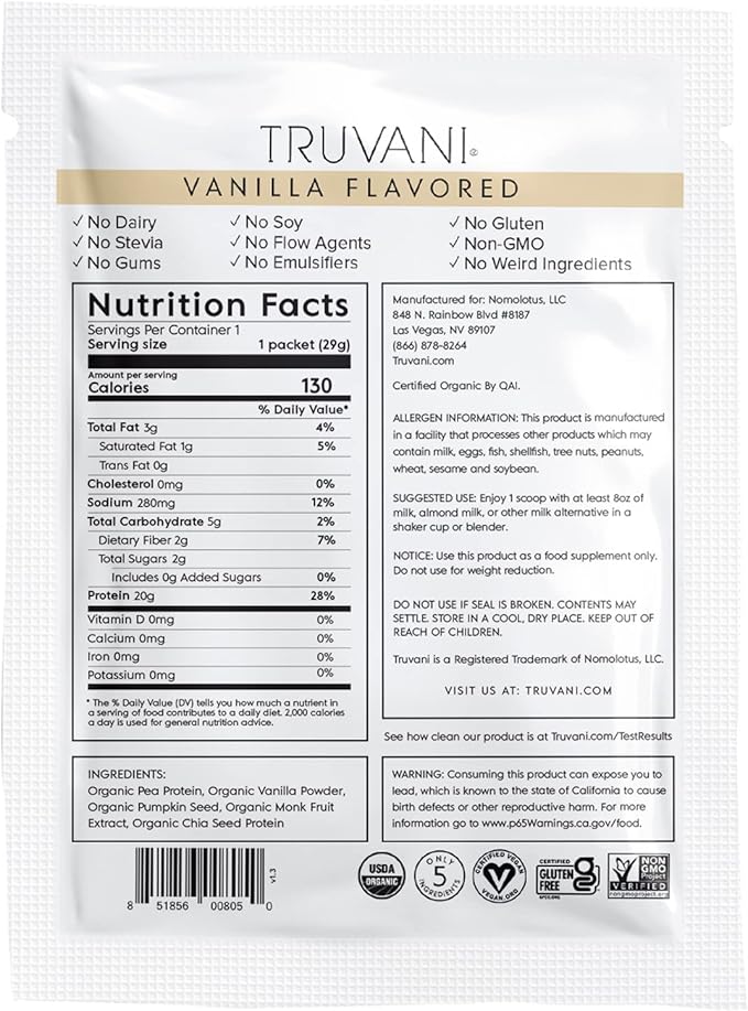 Truvani Plant Based Protein Vanilla 1.02Oz - Image 2