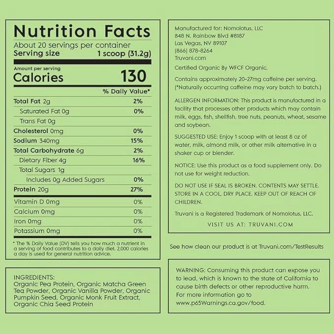 Truvani Plant Based Protein Matcha 22Oz - Image 2