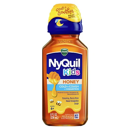 Vicks NyQuil Kids Cold and Cough + Congestion  Relief Made with Real Honey for Kids 6+, 8 OZ