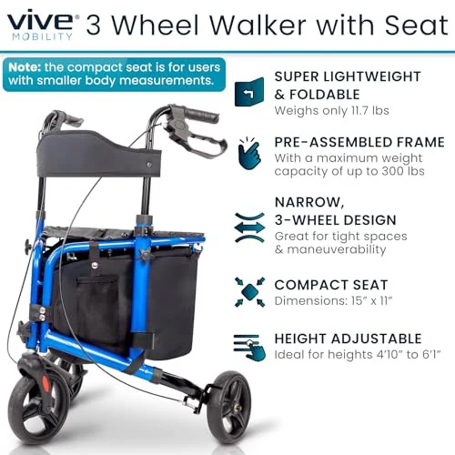 Vive 3 Wheel Walker Rollator Lightweight and Foldable with Seat, Brakes and Wheels - Image 2