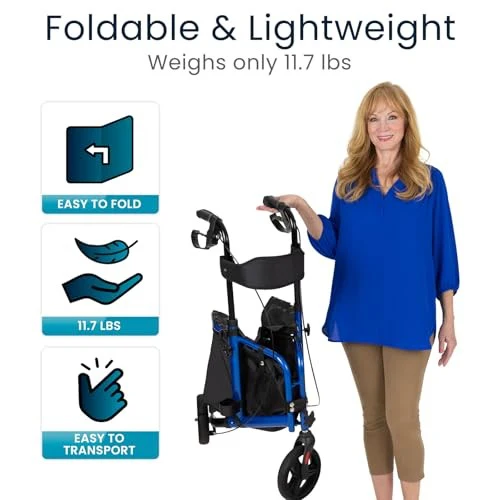 Vive 3 Wheel Walker Rollator Lightweight and Foldable with Seat, Brakes and Wheels - Image 3