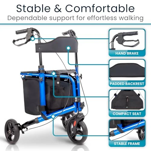 Vive 3 Wheel Walker Rollator Lightweight and Foldable with Seat, Brakes and Wheels - Image 8