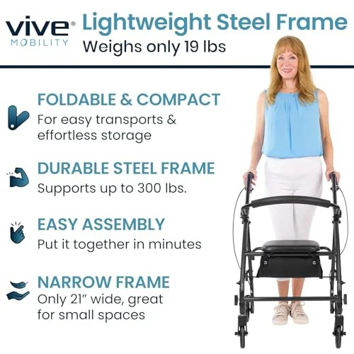 Vive Mobility Steel Rollator Narrow Walker with Seat Foldable - Image 2