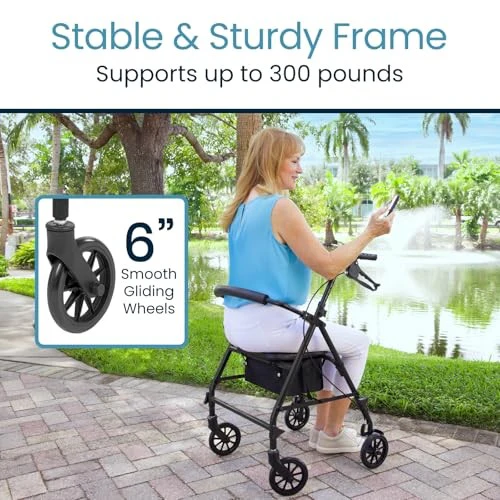 Vive Mobility Steel Rollator Narrow Walker with Seat Foldable - Image 3