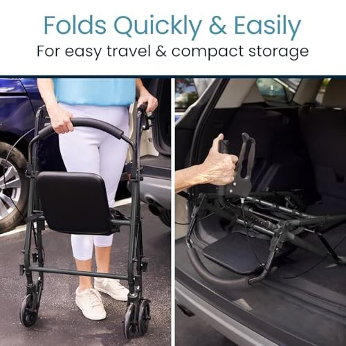 Vive Mobility Steel Rollator Narrow Walker with Seat Foldable - Image 4