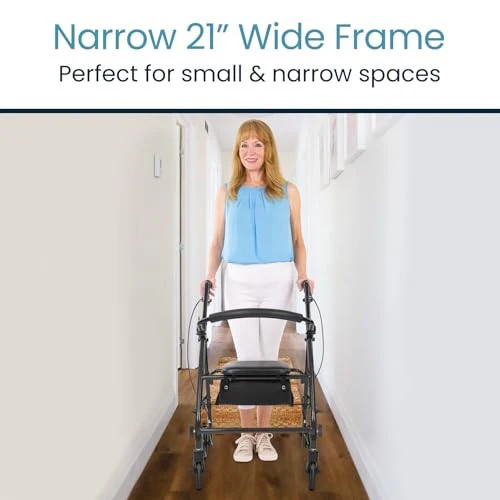 Vive Mobility Steel Rollator Narrow Walker with Seat Foldable - Image 5