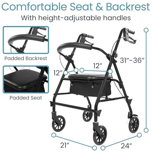 Vive Mobility Steel Rollator Narrow Walker with Seat Foldable - Image 6